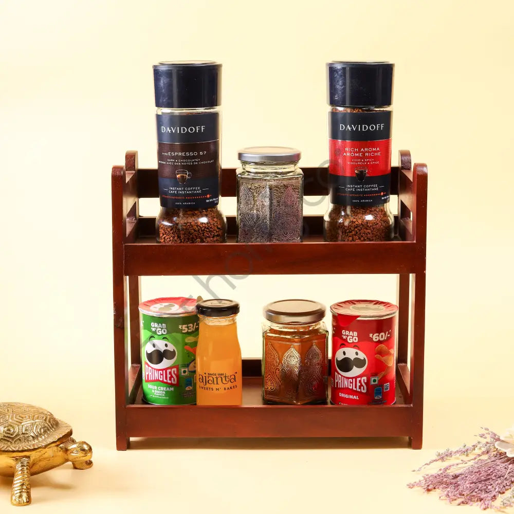 2-tier wooden organizer rack and kitchen countertop storage shelf made of natural wood for spices and tableware. - 3