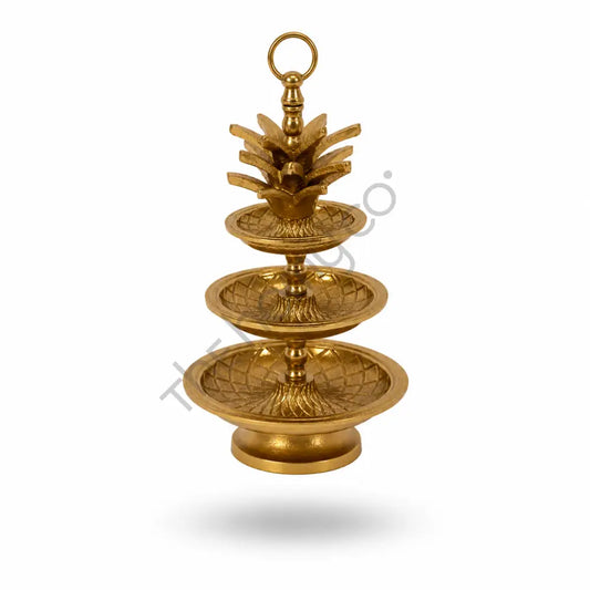 3-tier gold decorative fruit and dessert stand with intricate detailing for elegant tabletop serving. - 2
