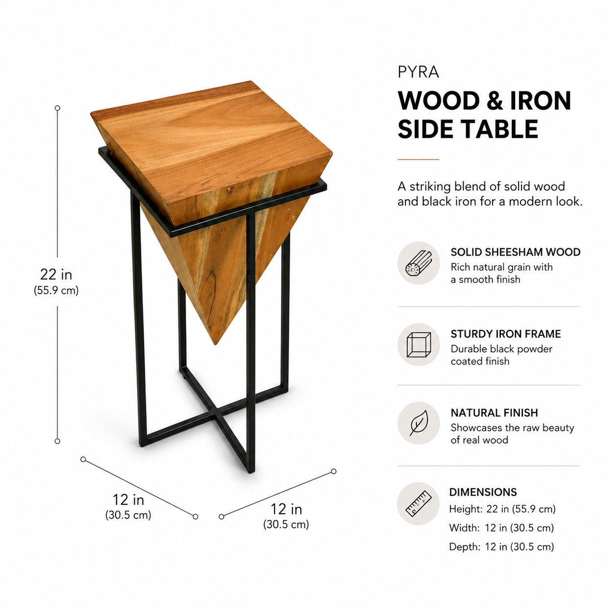 PYRA Solid Sheesham Wood & Iron Side Table