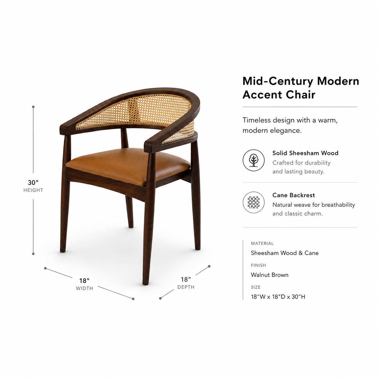 Sheesham Wood Dining Chair with Rattan Backrest