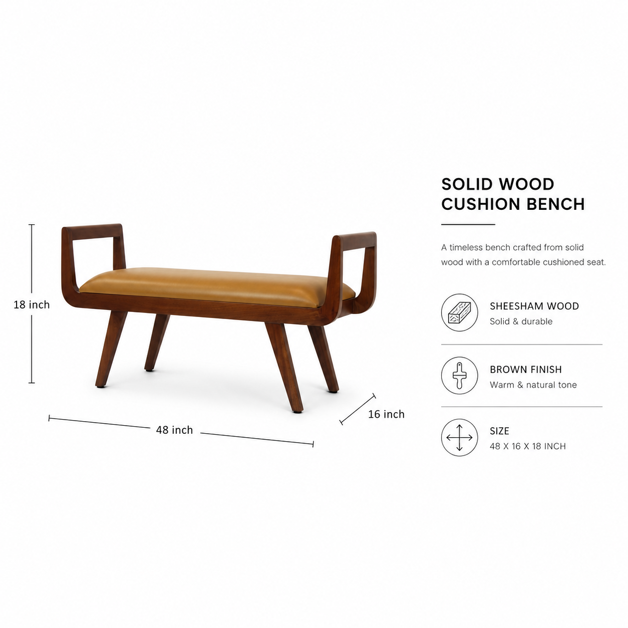 Solid Sheesham Wood Upholstered Bench