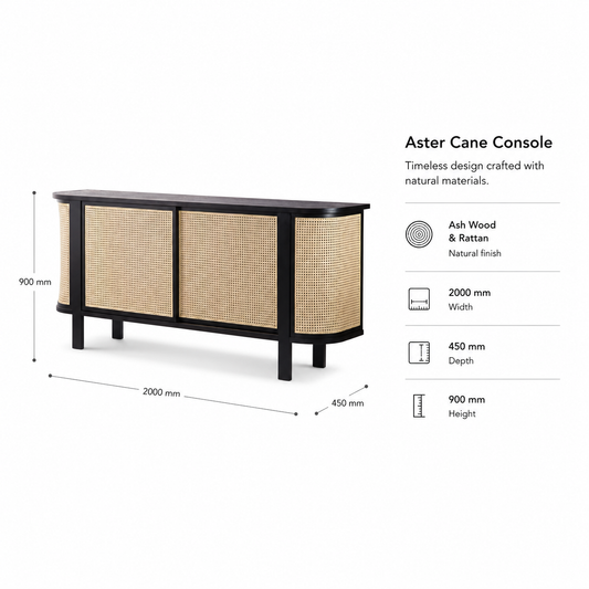 Solid Ash Wood Cane Console Cabinet