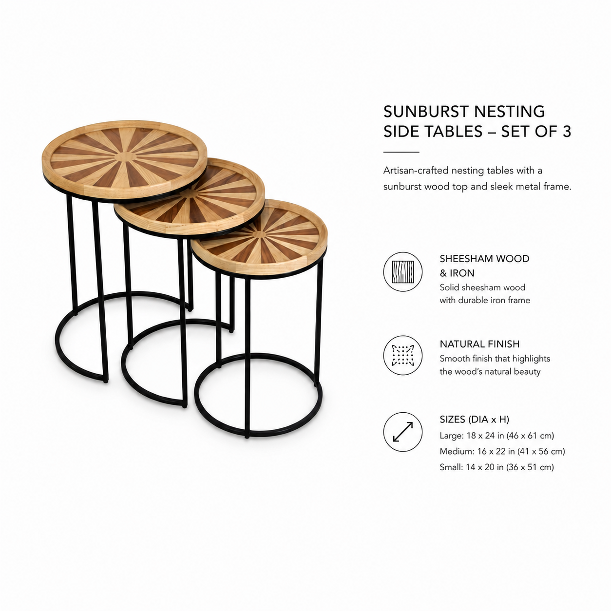 Sunburst Sheesham Wood Nesting Tables Set of 3
