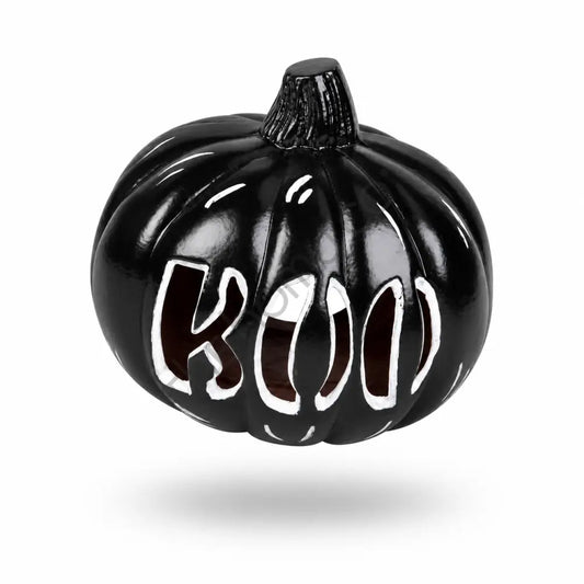 Glossy black "BOO" pumpkin decoration with a modern gothic cutout design for Halloween home decor. - 2