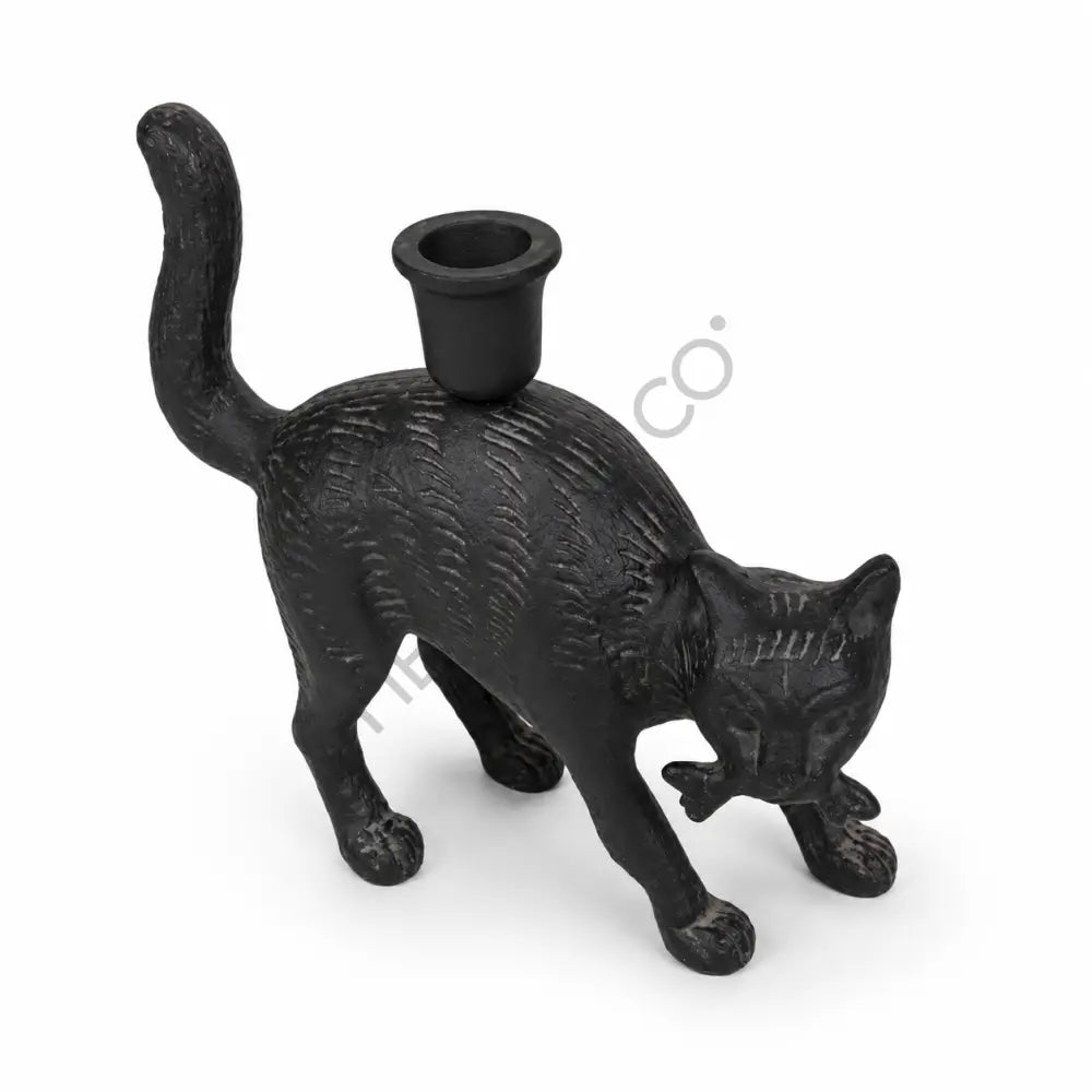 Gothic black cat candle holder statue with matte black finish for Halloween tabletop decor. - 2