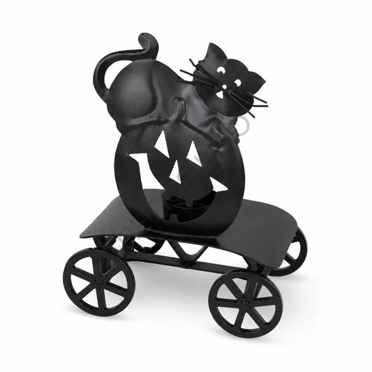 Black cat silhouette metal candle holder with rolling cart design and matte black finish for Halloween tabletop decor. - 2