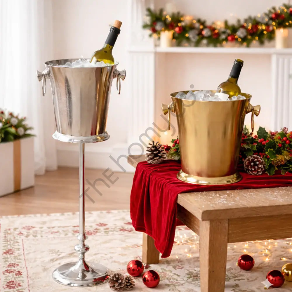 Elegant silver and gold metal champagne ice bucket with stand and wine cooler for bar entertaining. - 3