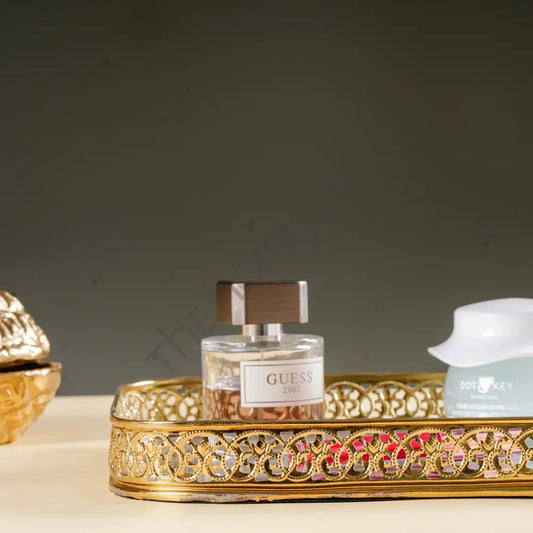 Decorative Gold Mirror Vanity Tray | Rectangle Makeup & Perfume Organizer - Metal & Glass