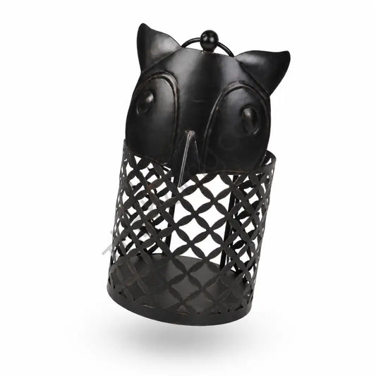 Rustic black owl-shaped metal lantern with lattice cutout design for Halloween and gothic home decor. - 2