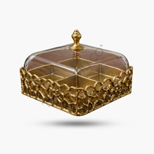 Elegant Square Serving Tray with Glass Dome | 4 Section Dry Fruit & Snack Box - Treys