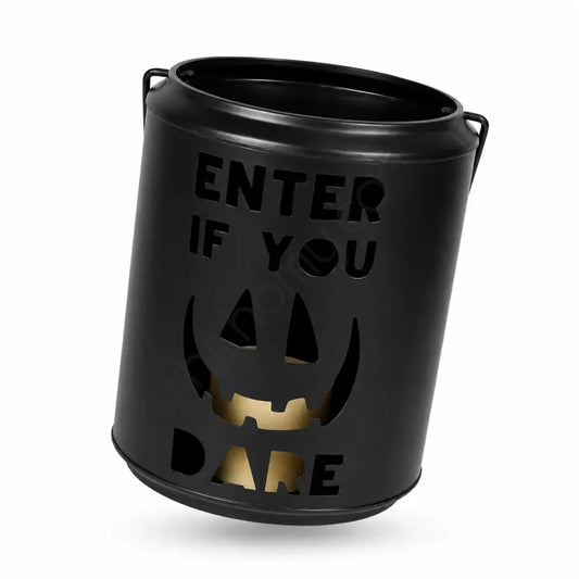 Black metal Halloween lantern with Enter If You Dare and pumpkin face cutout for spooky home decor. - 2