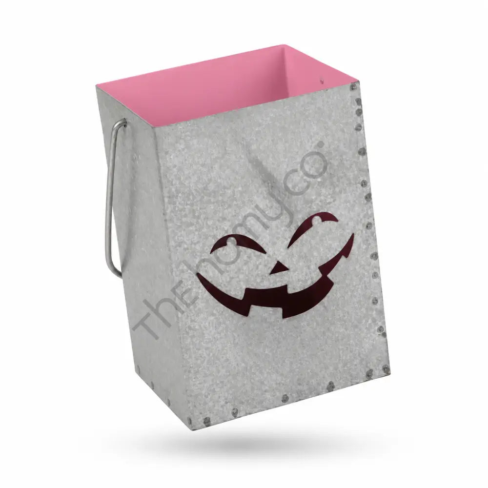 Galvanized metal Halloween jack-o-lantern pumpkin lantern bucket with a smiling face cutout and pink interior for farmhouse holiday decor. - 2