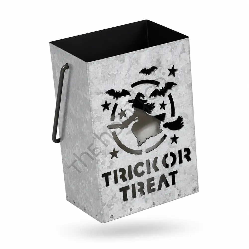 Rustic silver galvanized metal Halloween lantern bucket featuring a flying witch silhouette and Trick or Treat cutout design. - 2