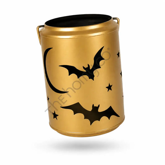 Matte gold metal Halloween candle lantern featuring flying bat and moon cutouts for spooky festive decor. - 2