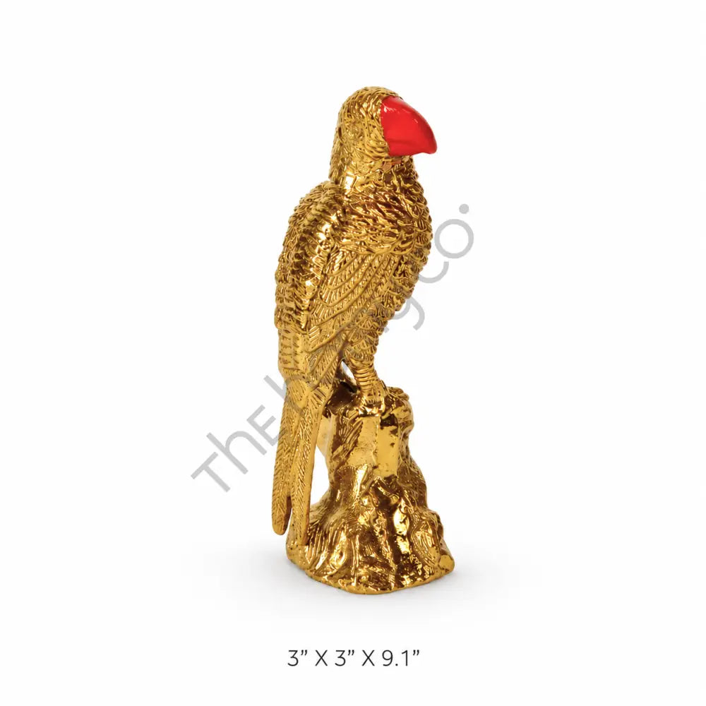 Elegant gold parrot figurine with a striking red beak for modern metal home decor. - 3