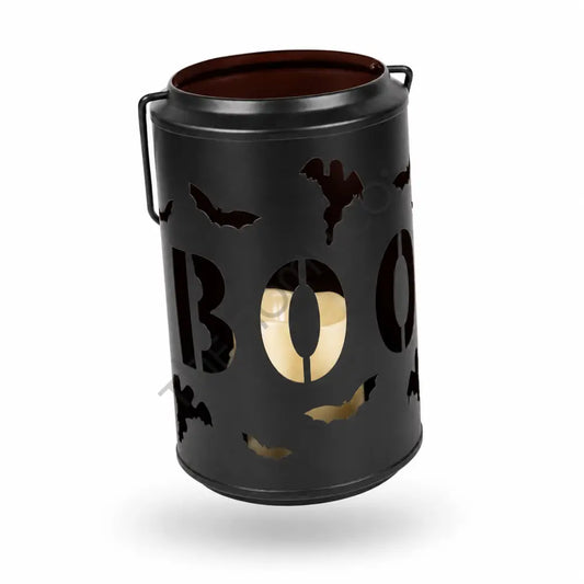 Black metal BOO candle lantern holder with bat cutouts for Halloween home decor. - 2