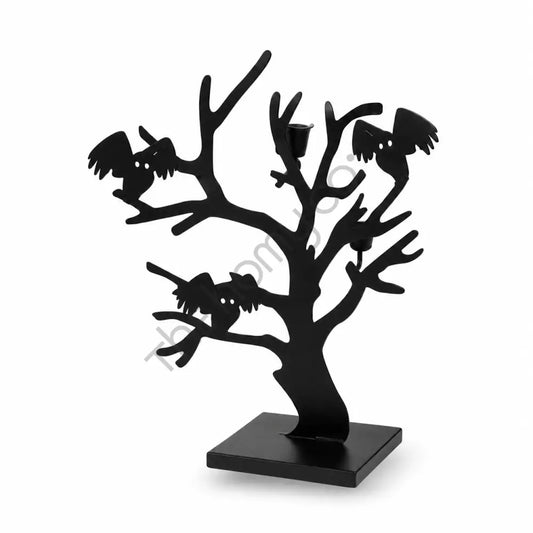 Gothic black metal owl tree candle holder stand for spooky Halloween tabletop and mantel decor. - 2