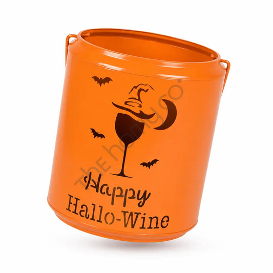 Orange Happy Hallo-Wine metal bucket with witch hat and wine glass design for Halloween candy and party decor. - 2