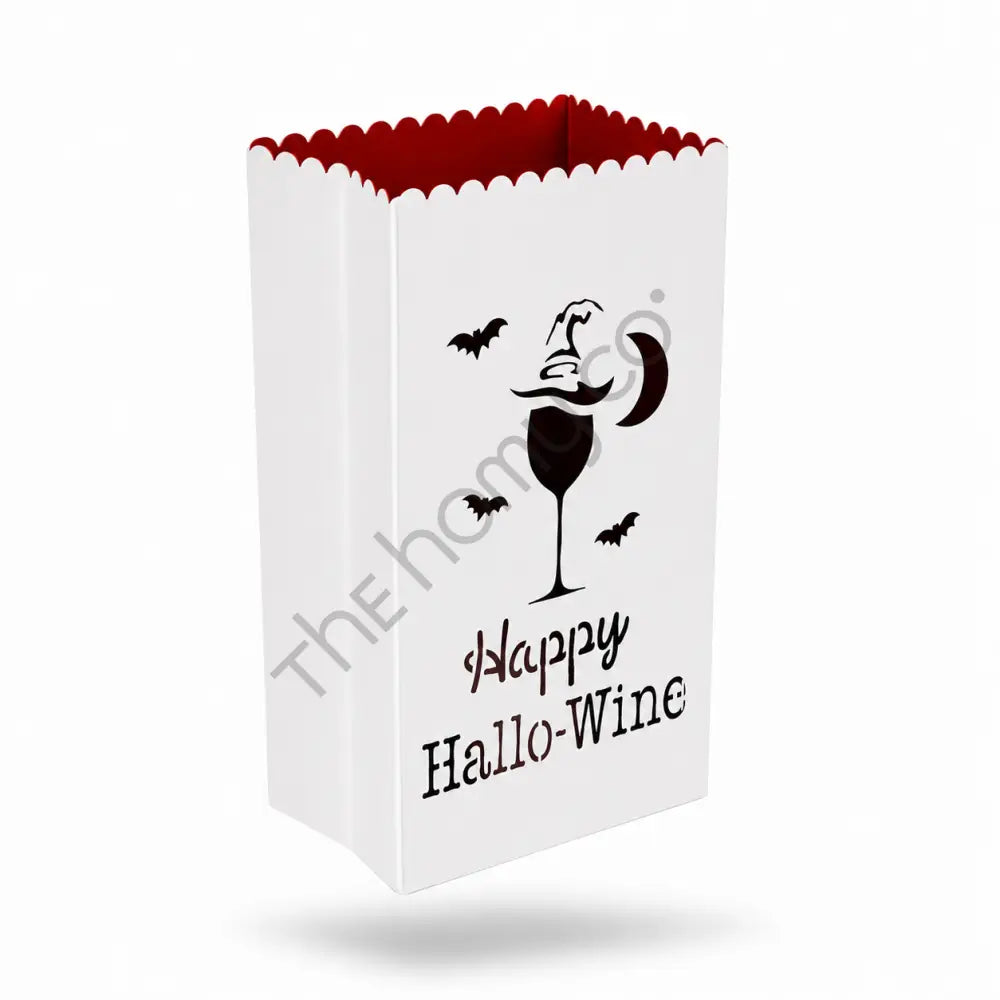 White metal "Happy Hallo-Wine" luminary lantern bag with wine glass and witch hat cutouts for Halloween decor. - 2