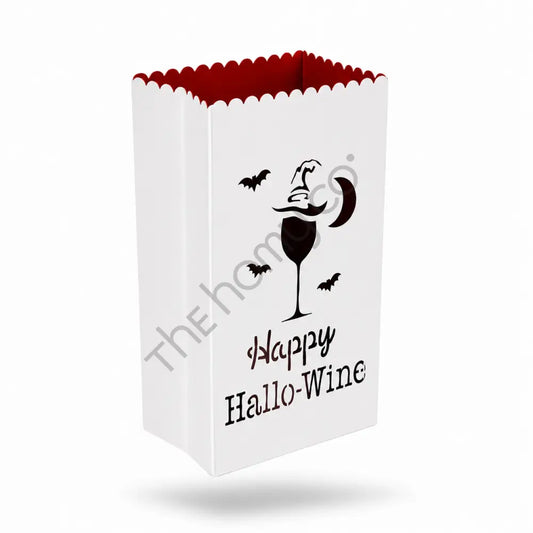 White metal "Happy Hallo-Wine" luminary lantern bag with wine glass and witch hat cutouts for Halloween decor. - 2