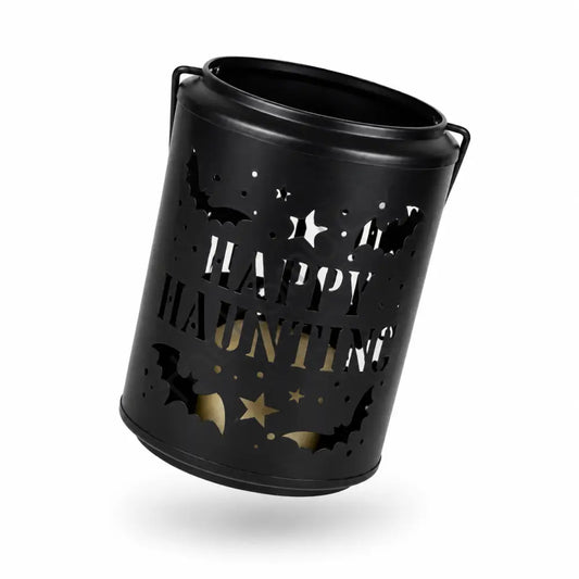 Black metal Happy Haunting Halloween candle lantern holder featuring bat and star cutouts for spooky home decor. - 2