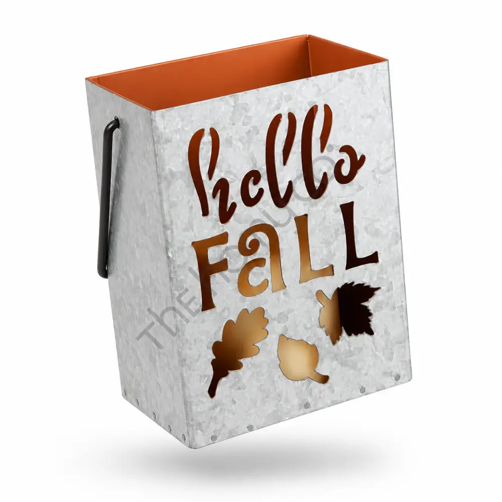 Rustic galvanized metal "Hello Fall" lantern bucket with leaf cutouts and an orange interior for autumn home decor. - 2