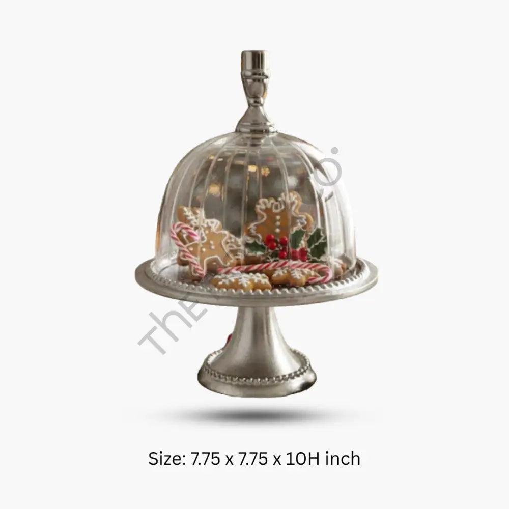 Elegant metal cake stand with clear glass dome for dessert serving and table display. - 5