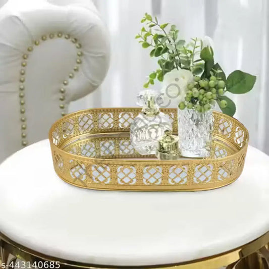 Oval Gold Mirror Vanity Tray | Decorative Makeup & Perfume Organizer - Metal & Glass