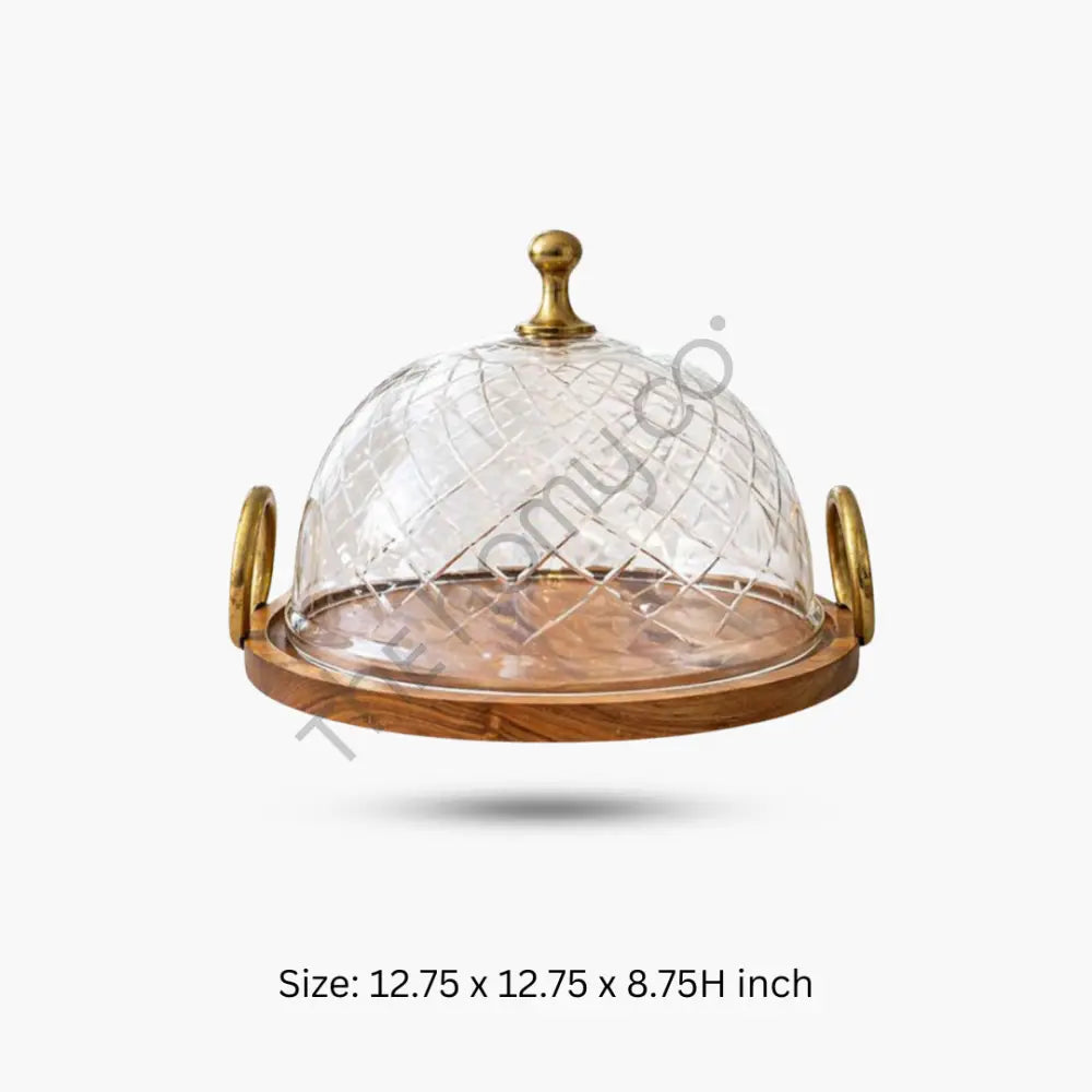Premium Cake Stand with Glass Dome Cover | Wooden Serving Tray with Handles - Cake Stands
