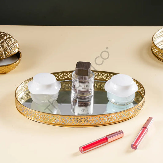 Round Gold Mirror Vanity Tray | Decorative Perfume & Makeup Organizer - Metal & Glass