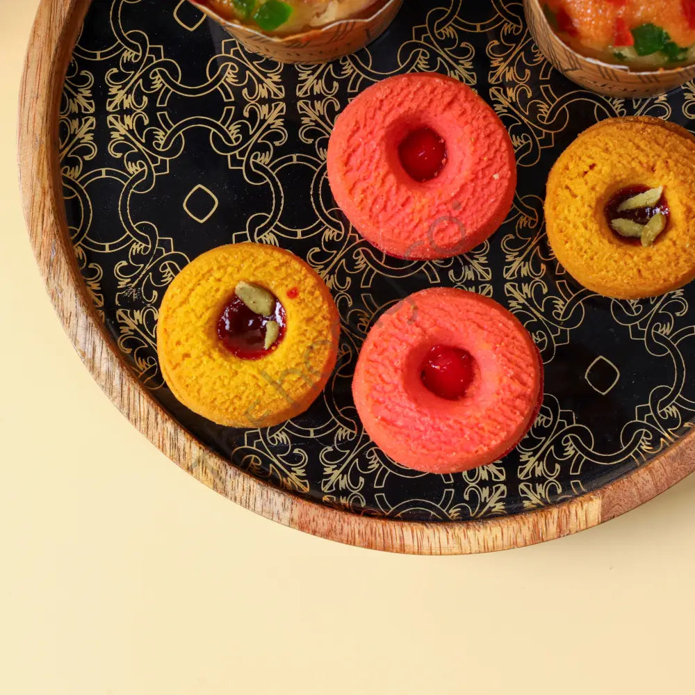 Round wooden serving tray with elegant decorative decal for snacks and tea. - 4