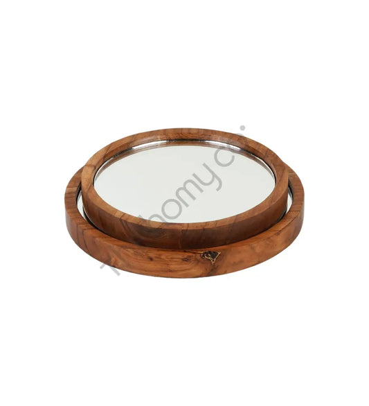 Set of 2 Decorative Mirror Trays with Wooden Frame | Tabletop Display Tray - Wooden Tray