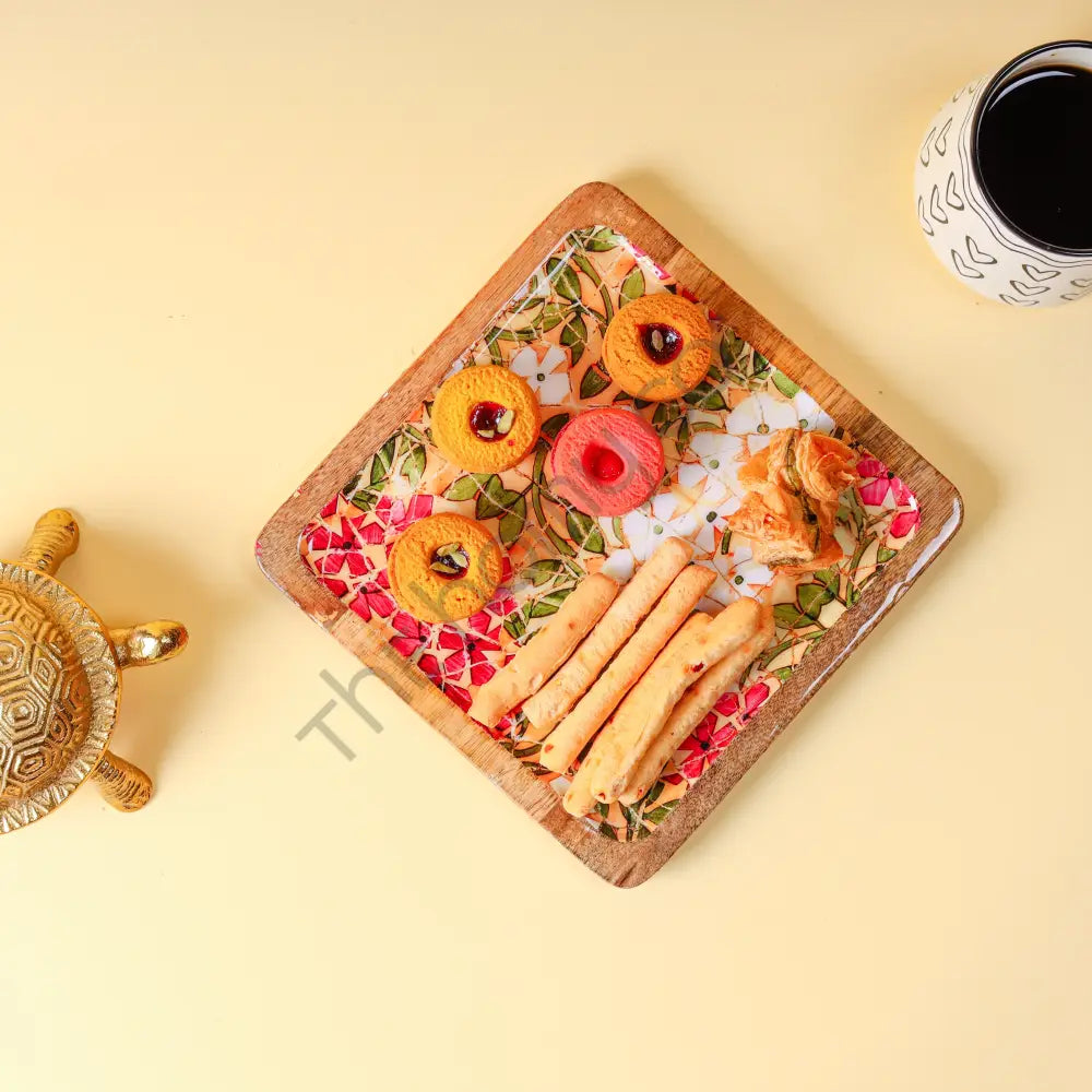 Square wooden serving platter with vibrant floral decaling for appetizers and snacks. - 5