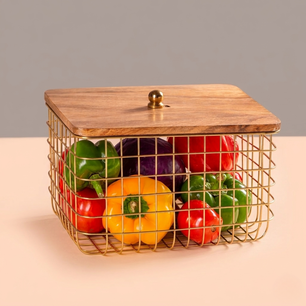 Gold Plated Wire Storage Basket With Wooden Top Lid Vegetable Holder | Kitchen Counter Fruit & Vegetable Basket