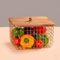 Gold Plated Wire Storage Basket With Wooden Top Lid Vegetable Holder | Kitchen Counter Fruit & Vegetable Basket