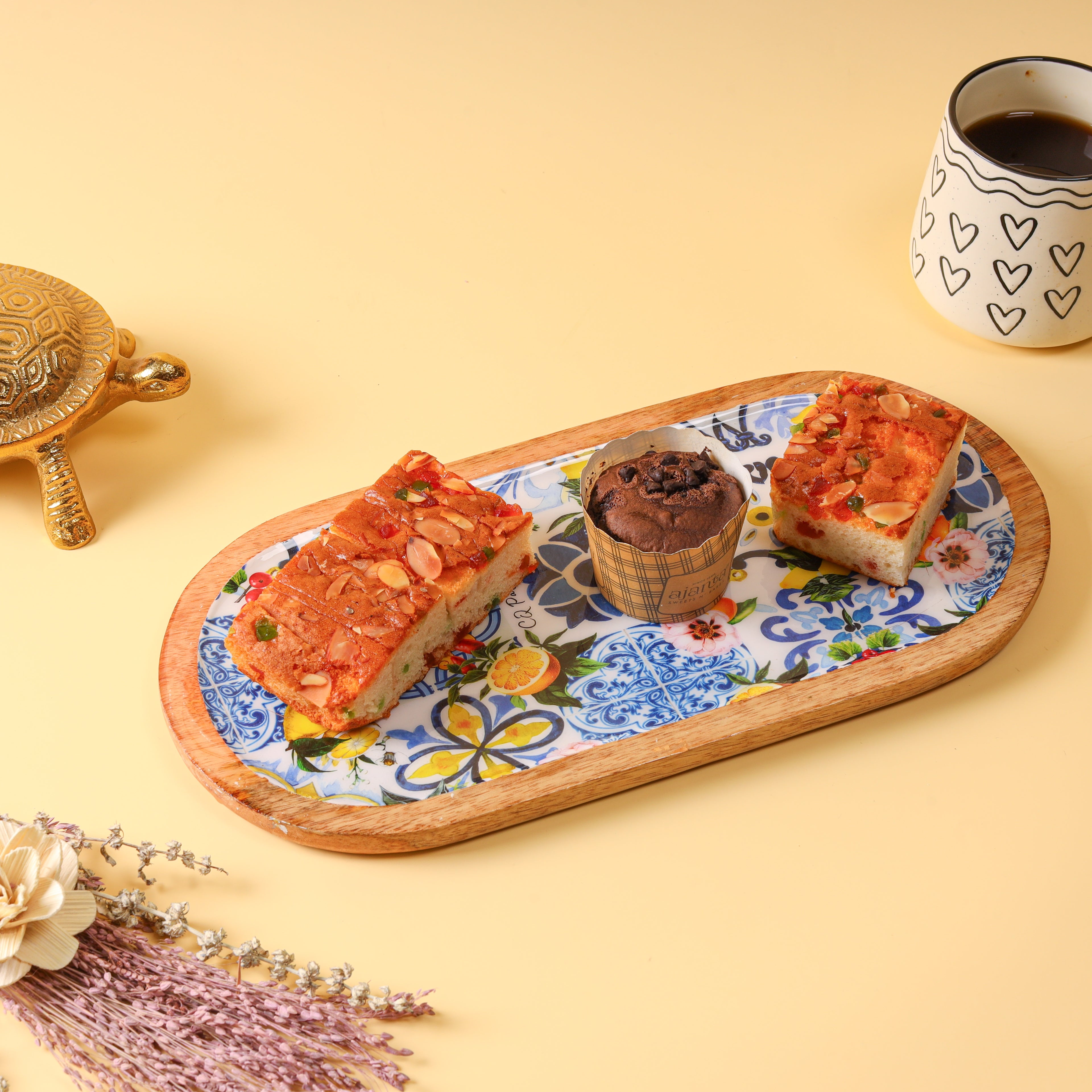 Oval Wooden Serving Platter with Decorative Floral Decaling | Wooden Snack & Appetizer Serving Tray