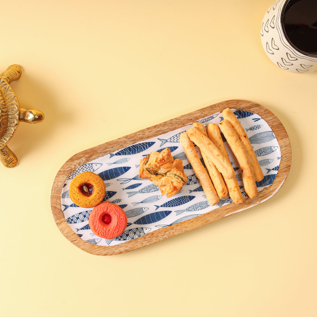 Oval Wooden Serving Platter with Decorative Decaling | Wooden Snack & Appetizer Serving Tray