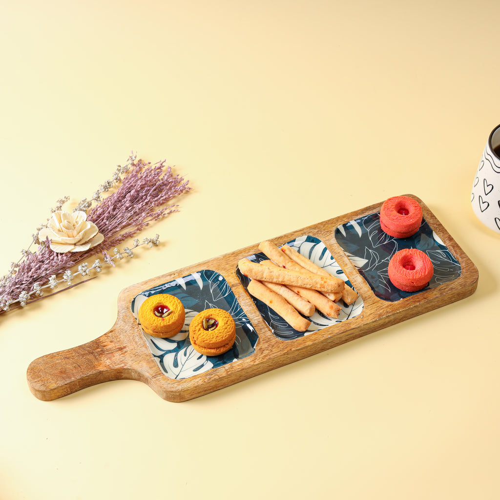 Wooden Platter with 3 Compartments & Decorative Decaling | Handcrafted Snack & Appetizer Serving Platter