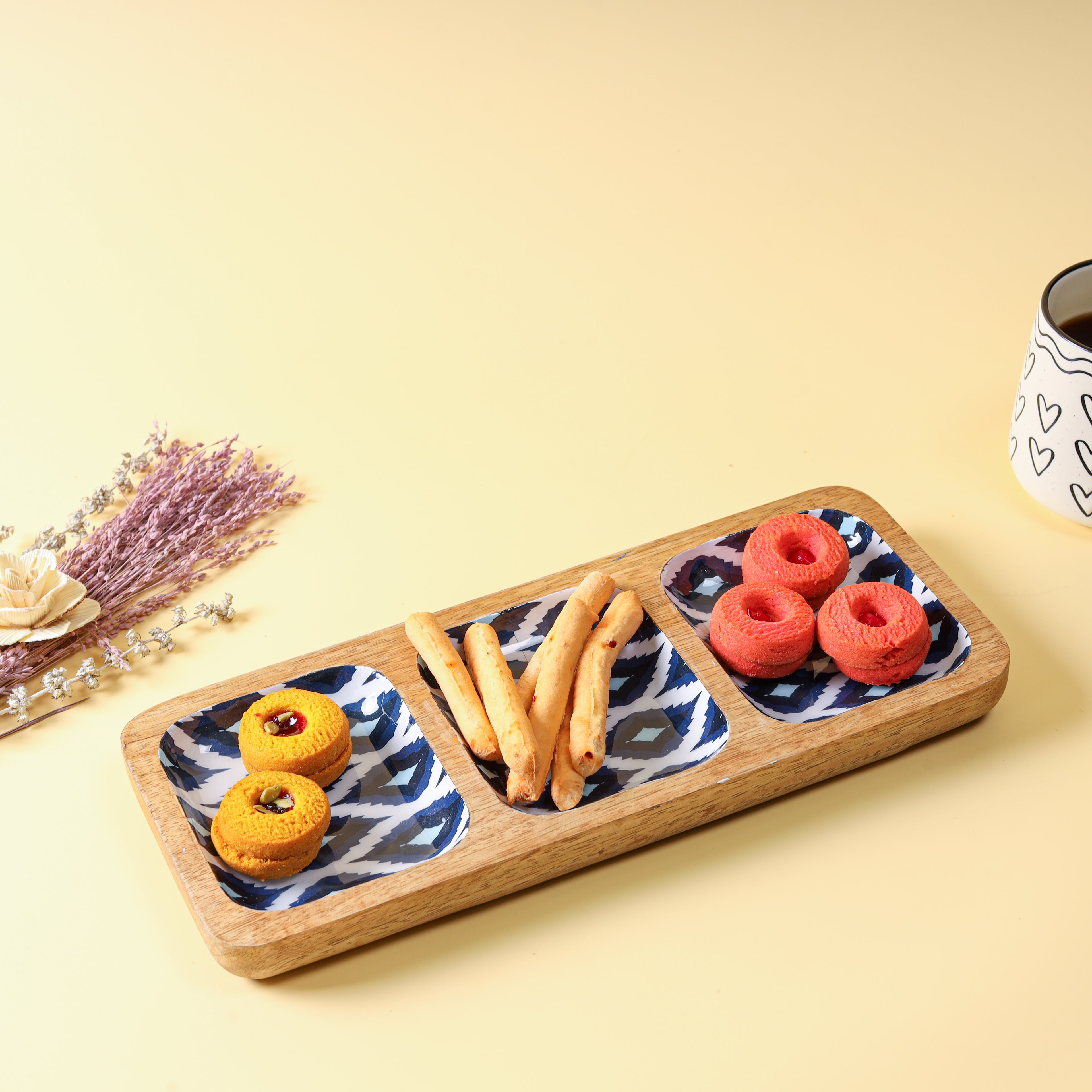 Wooden Serving Tray with Decaling | Snack, Dip & Condiment Serving Set | Decorative Wooden Appetizer Tray