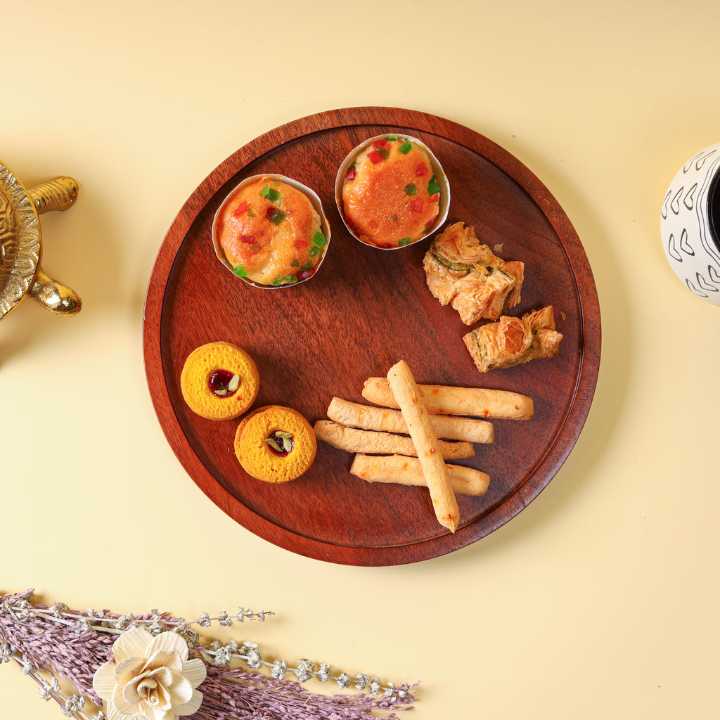 Premium Round Wooden Tray for Serving Snacks & Tea etc.