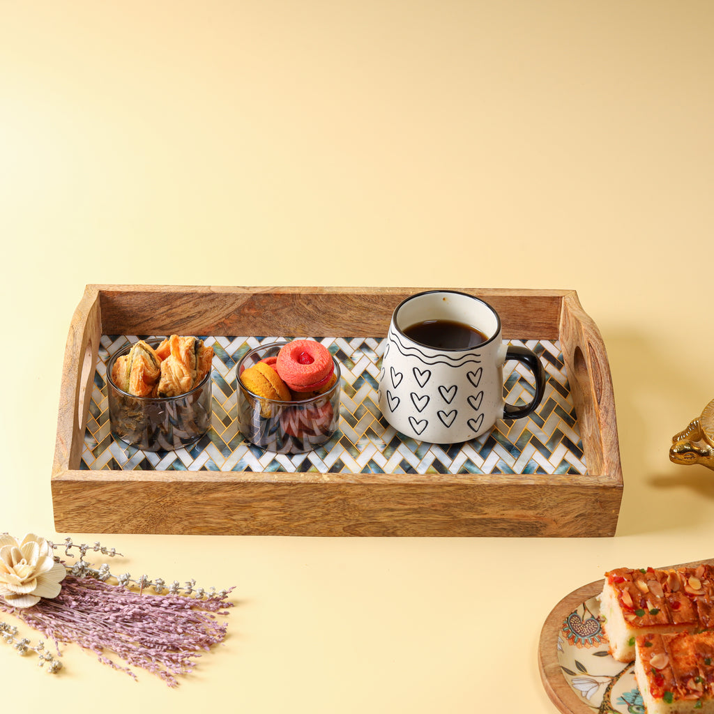 Wooden Serving Tray with Mosaic Decal | Decorative Tea & Coffee Serving Tray with Handles