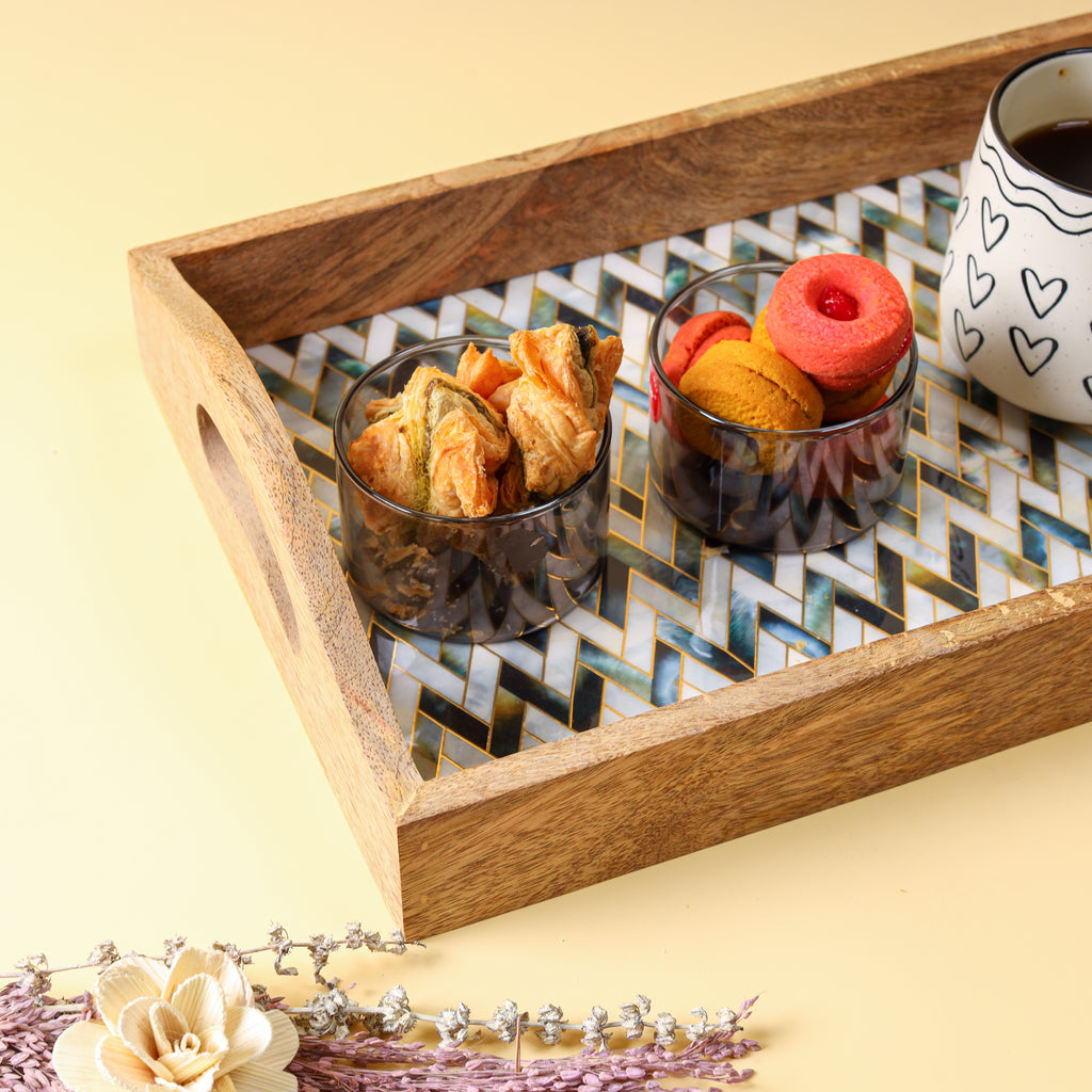 Wooden Serving Tray with Mosaic Decal | Decorative Tea & Coffee Serving Tray with Handles