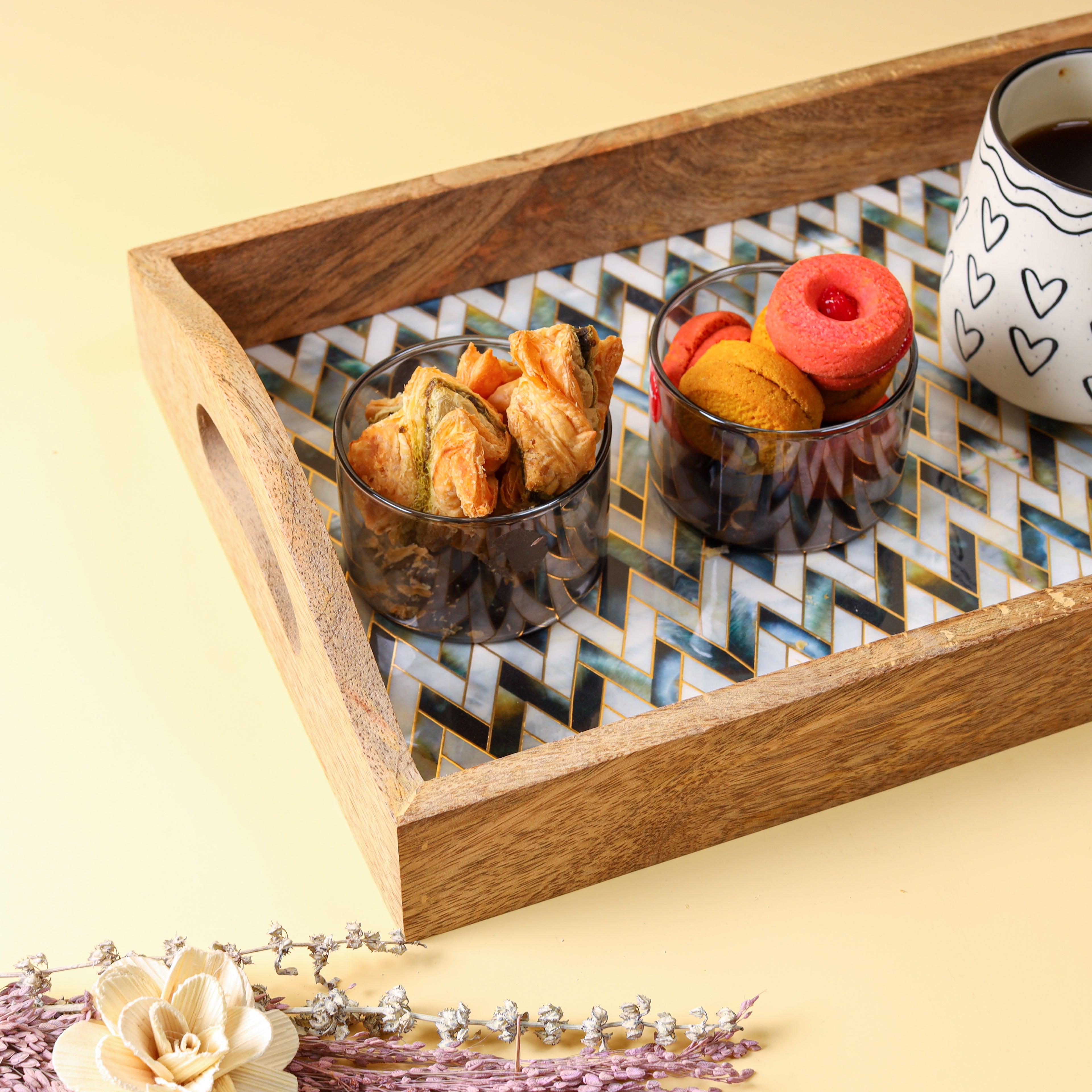 Wooden Serving Tray with Mosaic Decal | Decorative Tea & Coffee Serving Tray with Handles