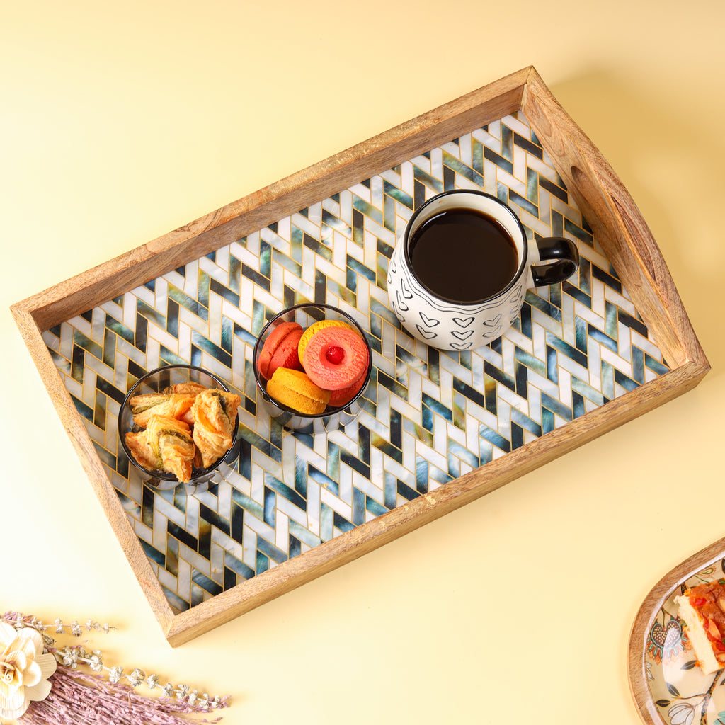 Wooden Serving Tray with Mosaic Decal | Decorative Tea & Coffee Serving Tray with Handles