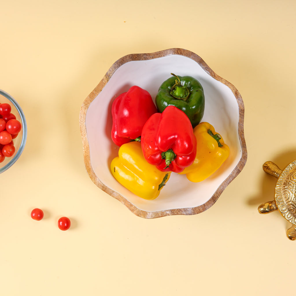 Handcrafted Wooden Bowl with Decorative Decaling | Scalloped Serving & Fruit Bowl