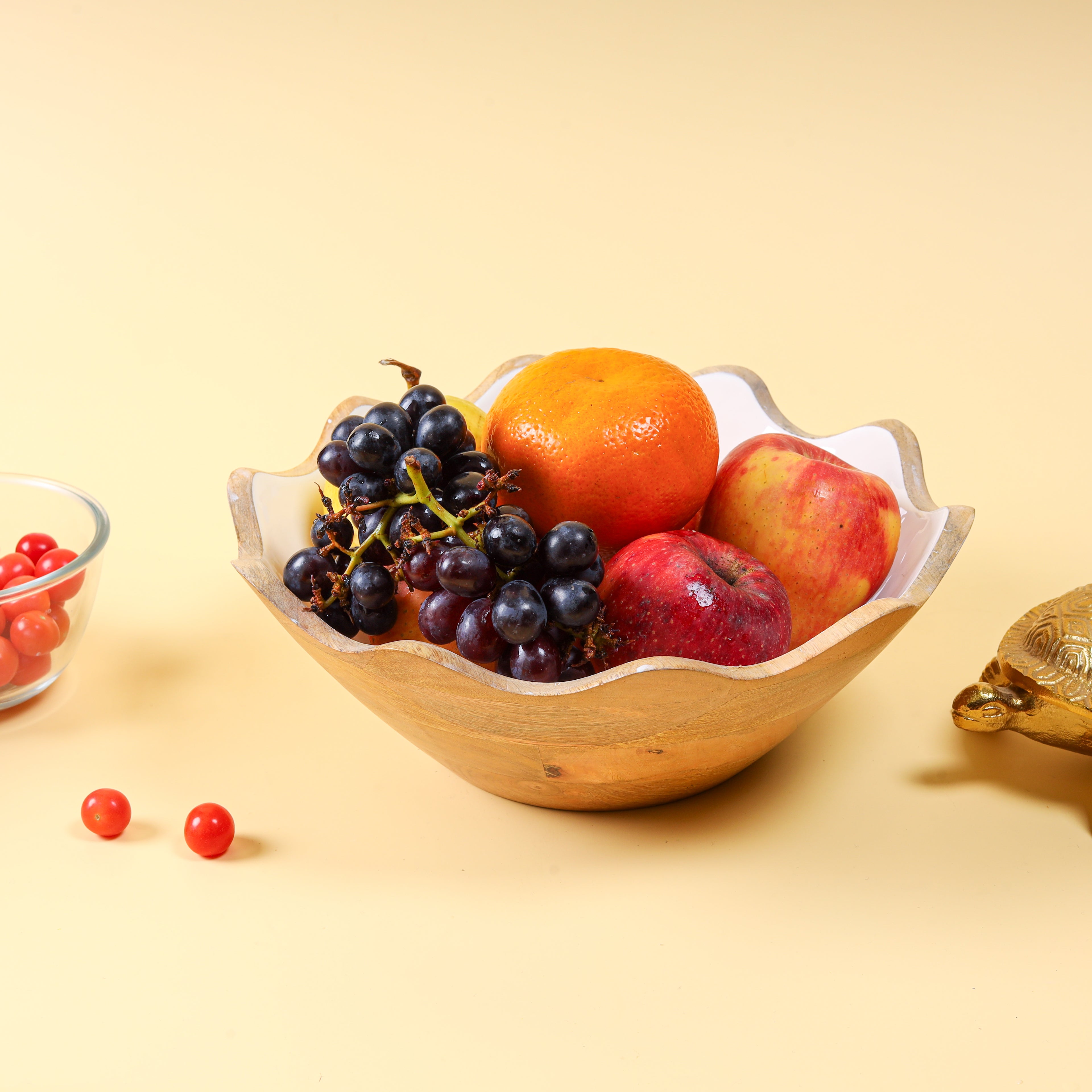 Handcrafted Wooden Bowl with Decorative Decaling | Scalloped Serving & Fruit Bowl
