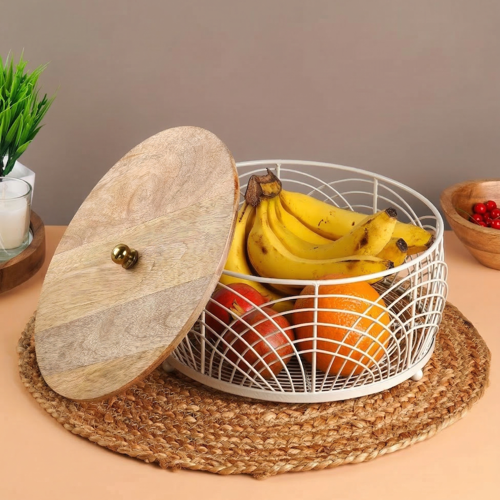 Decorative Metal Fruit Basket with Wooden Lid – Kitchen Countertop Storage Organizer