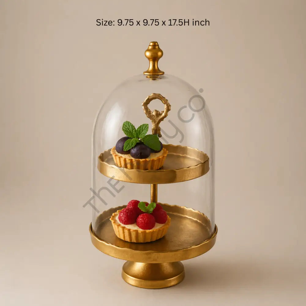 2-Tier Cake Stand with Glass Dome | Gold Dessert Display Stand for Cupcakes & Pastries - Cake Stands