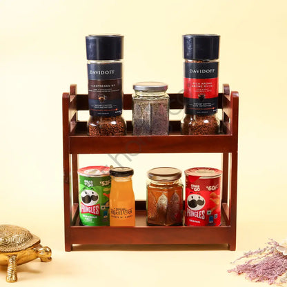 2-tier wooden organizer rack and kitchen countertop storage shelf made of natural wood for spices and tableware. - 3