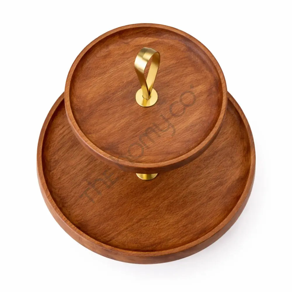 2 Tier Wooden Serving Tray with Gold Stand | Dessert Stand with Gold Metal Base - Stands